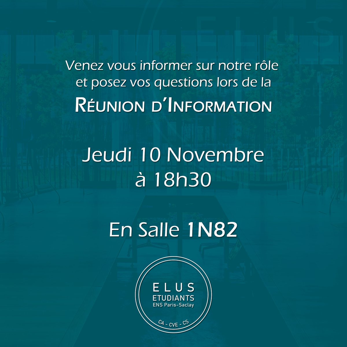 ElusENSPSaclay's tweet photo. [Réunion d'Information]

Bonjour tout le monde,
En vue des élections étudiantes qui arrivent, on organise une réunion d'information le Jeudi 10 Novembre à 18h30 en salle 1N82. Il s'agit d'une occasion pour venir vous informer sur le rôle d'élu et de poser toutes vos questions. https://t.co/UiVgFuazrz