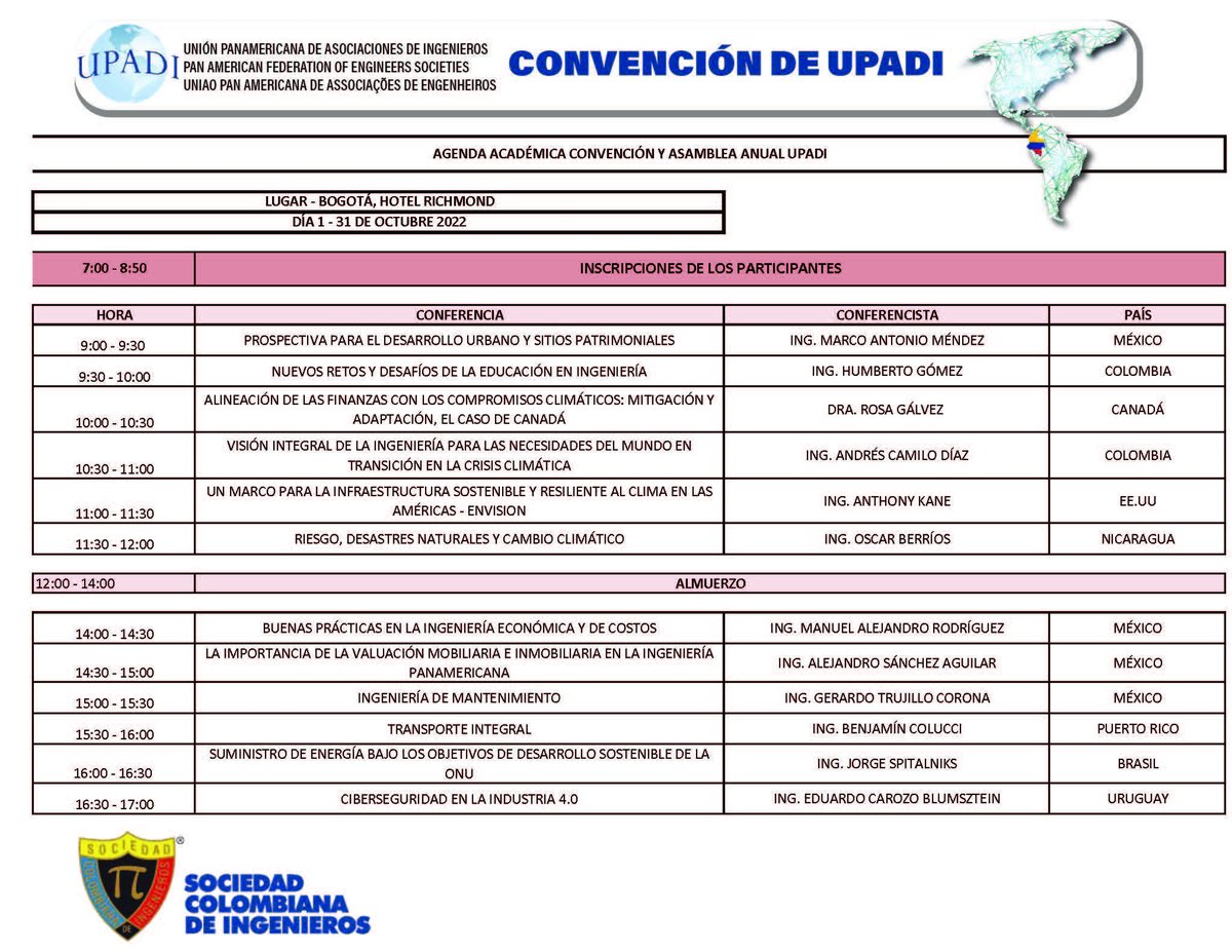 IngenieriaSCI's tweet photo. #Evento #Hoy  Conéctate a las conferencias de la  Convención de UPADI, un espacio diseñado para fomentar, promover, ampliar, orientar y homogeneizar los esfuerzos y prácticas de los ingenieros de las Américas.
🕝 9:00 a.m. 
Link: https://t.co/VJjv2C3S2Q https://t.co/D87TYcqf31