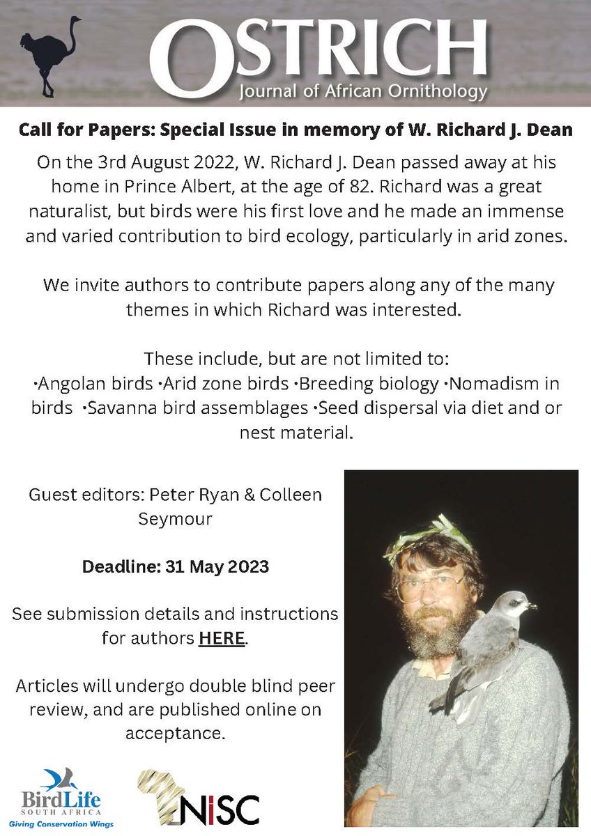 Call for papers: Special issue of Ostrich in memory of W. Richard J. Dean

fitzpatrick.uct.ac.za/news/call-pape…