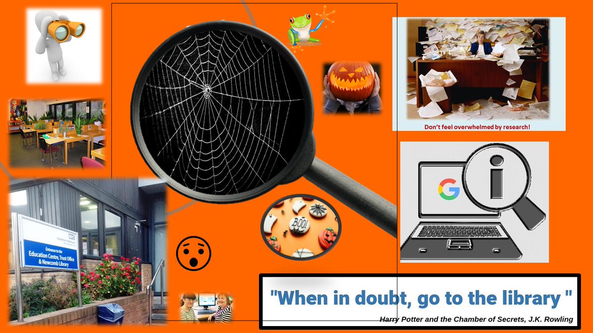 NewcombLibrary's tweet photo. Information overload on the web, does it scare you?  😱
Fear not, take advice from our favourite #HarryPotter quote

“Because that's what Hermione does,' said Ron…'when in doubt, go to the library”
Ask us about
🕸️ #KnowledgeshareNHS, 
🕸️#evidencesearching &amp; more!
#Halloween 🎃 https://t.co/Ug4oPYftu0