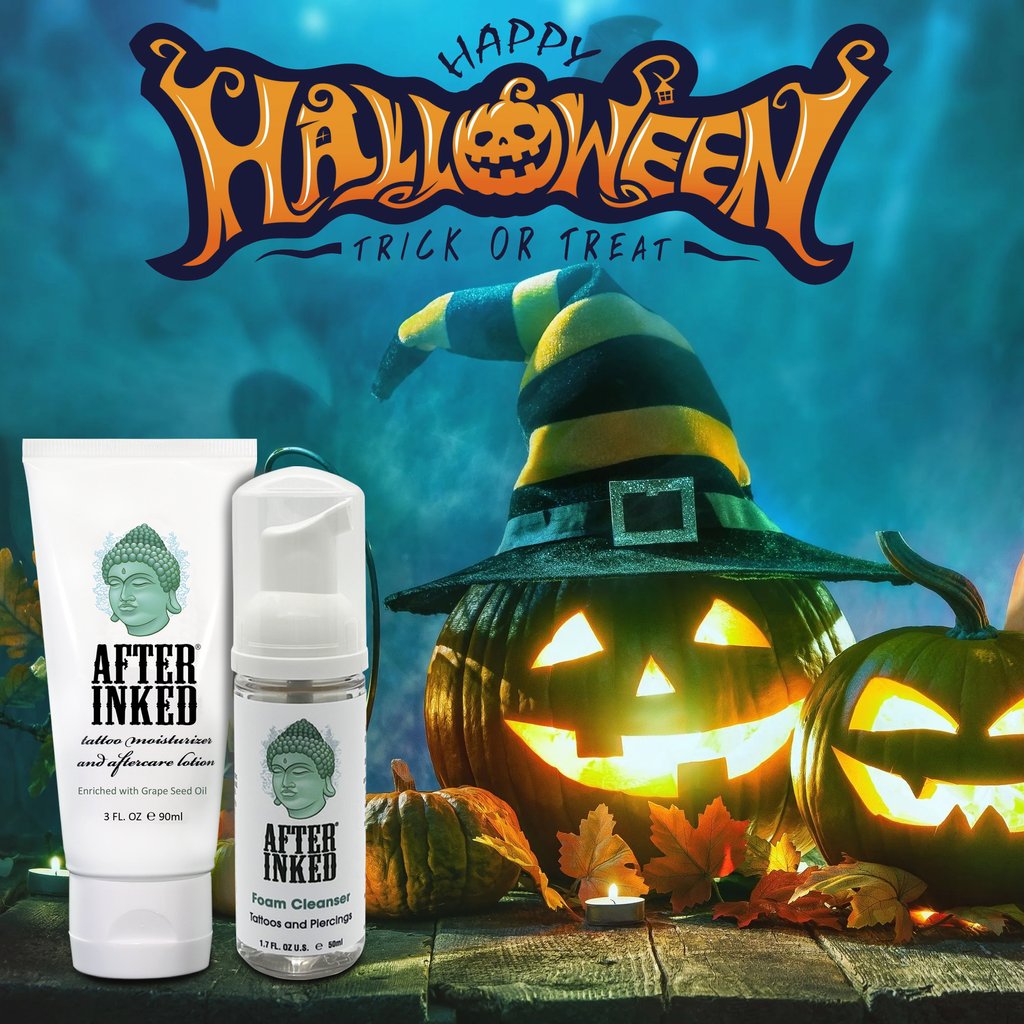 Happy Halloween. A special day where we become children again. Trick or Treat and eat all the candies you want. #HalloweenTatoos #TrickOrTreat #Costumes #afterinked #proudusers #formulatedforperfection #afterinkedeveryday #tattooaftercare #foamcleanser #inkseal #npj #vegan