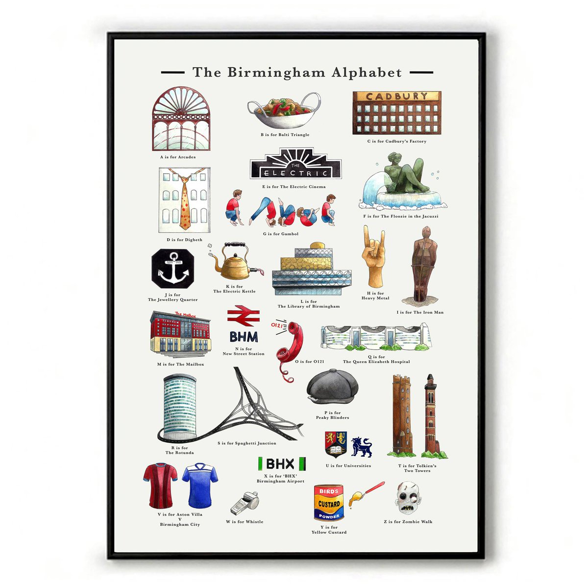 IndependentBham's tweet image. G is for Gambol. B is for Balti Triangle. T is for Tolkien's Two Towers. We absolutely LOVE this Birmingham Alphabet print by @ShelliGraham - available as a print, tea towel, chopping board, mug, apron, and more. Grab your essential Brum merch now at: yeticardsandgifts.com/collections/th…