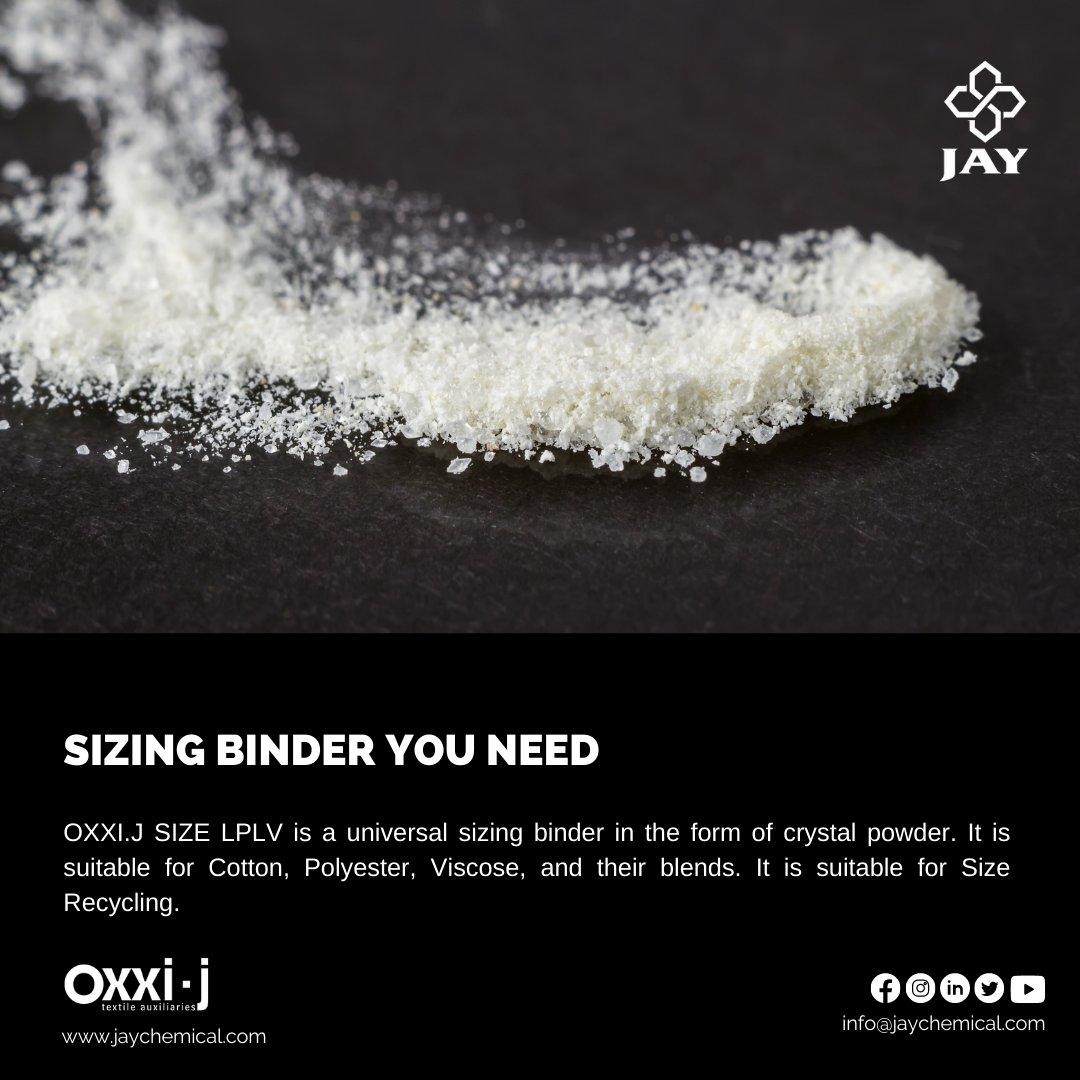 jcilindia's tweet image. OXXI.J®SIZE LPLV – SIZING BINDER⬛

#flexibility #polyacrylate #crystalpowder #cotton #viscose #polyester #recycling #lubricity #yarn #waterjetlooms #acrylic #watersoluble #smoothness #liquid #sizing #cottontrading #textiles #auxiliaries #sustainablesolutions #reactivedyes
