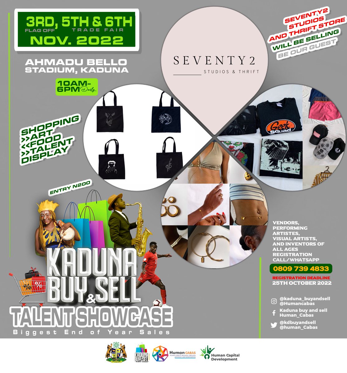 munieeerah's tweet photo. Kaduna buy and sell February edition was great! But we are more excited for the November edition on the 5th &amp; 6th November. All items would be discounted so please come through to the seventy2 studios stand to shop
Tshirts,totebags,jewelry,vintage items and more.#kadunabuyandsell https://t.co/qxaQT47UVk