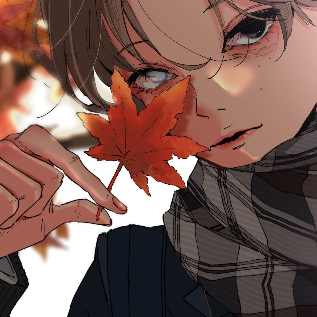 scarf 1boy male focus autumn leaves solo leaf holding  illustration images