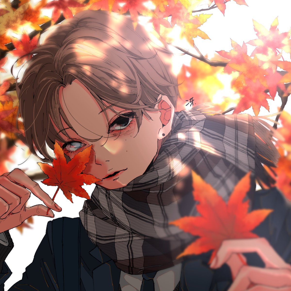 scarf 1boy male focus autumn leaves solo leaf holding  illustration images