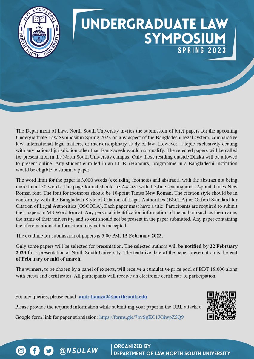 rizwanuli's tweet photo. #Undergraduate_Law_Symposium #Call_for_paper at the NSU Law Dept, we are inviting papers for Undergraduate Law Symposium Spring 2023, where students from all BD Universities are invited to submit their research papers. Please see the poster &amp; call for papers for details. https://t.co/f9YQlAFE75