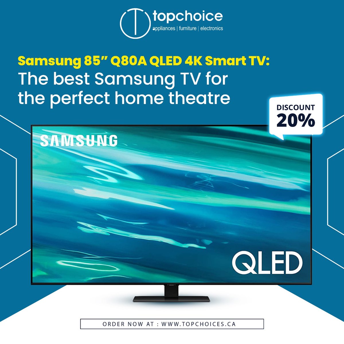 topchoicesca's tweet photo. The new #Samsung 85" Q80A #4KSmartTV is the perfect addition to any home theatre. It offers an incredible viewing experience with its quantum dot color technology and amazing sound that you'll never want to miss out on! Buy today and save flat 20% #discount. Call us @ 9057990045 https://t.co/nGVCcNKizu