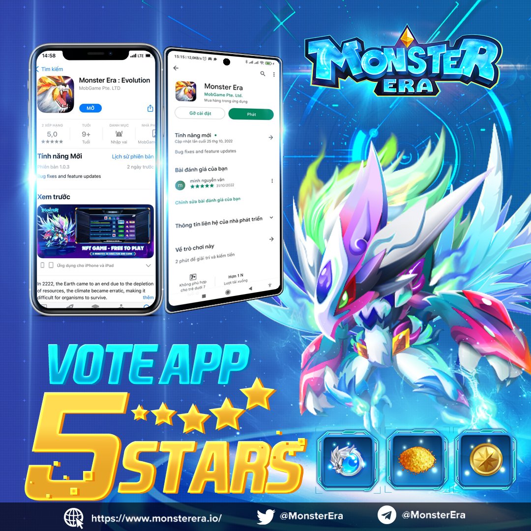 ⭐️ RATING EVENT - Give a 5-star review and get 10 Non NFT Pet

Download here: monsterera.onelink.me/hAWR/dl

Join now:
1️⃣ Lik3 + Shar3 this post (Public)
 (facebook.com/photo/?fbid=13…)
2️⃣ Vote 5 star for apps
3️⃣ fill the form to get reward: forms.gle/cXsjk4swK1cZaG…