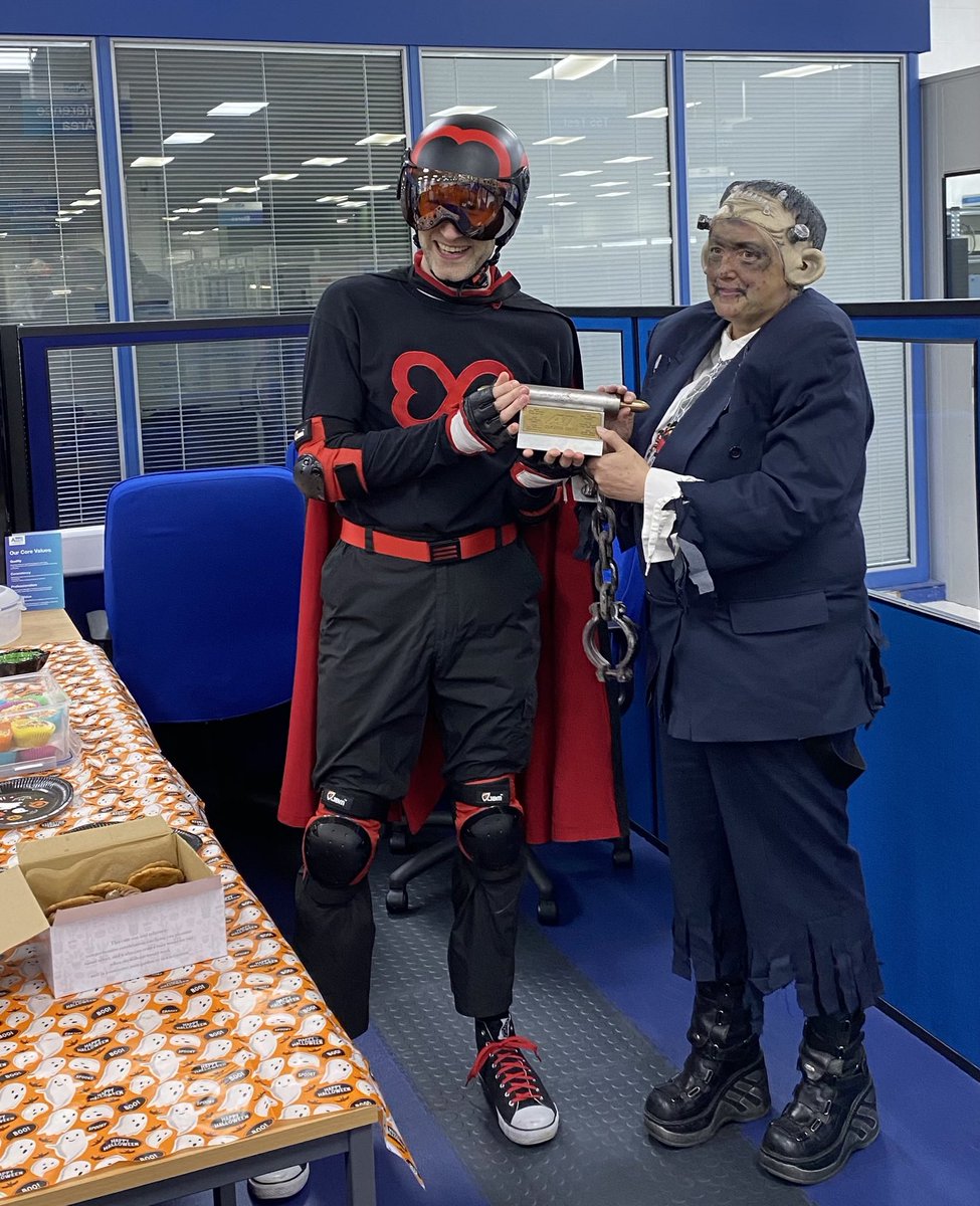 JeanieFM's tweet photo. It’s ⁦@atec_solutions⁩ October Cheer Fest today with creative cake baking and Hallowe’en fancy dress. John winning fancy dress and the superb Sarah winning best cake again.  Fab fancy dress and baking efforts guys. ⁦@Captain_MCR⁩ had difficult decisions https://t.co/aI0UEepm2T