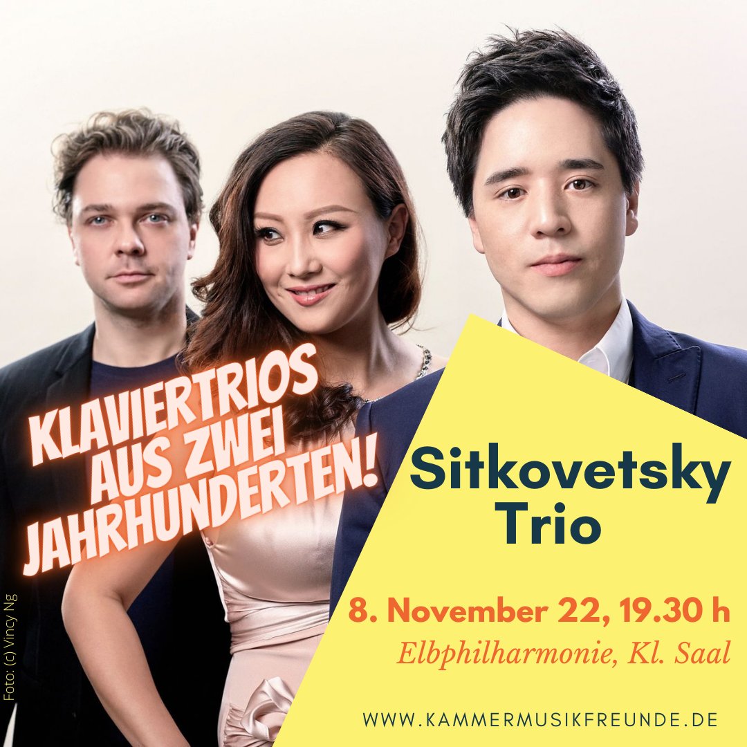Das <a href="/sitkovetskytrio/">Sitkovetsky Trio</a>  spielt am 8.11.22 bei uns Musik von Edvard Grieg, Charles Ives, Felix Mendelssohn Bartholdy u. Robert Schumann. Vorm Konzert <a href="/elbphilharmonie/">Elbphilharmonie</a> gibt's ein #Künstlergespräch um 18.45 Uhr. <a href="/IsangEnders/">Isang Enders</a> #AlexanderSitkovetsky <a href="/WuQianpiano/">Wu Qian</a>😀
kammermusikfreunde.de/konzerte-karte…