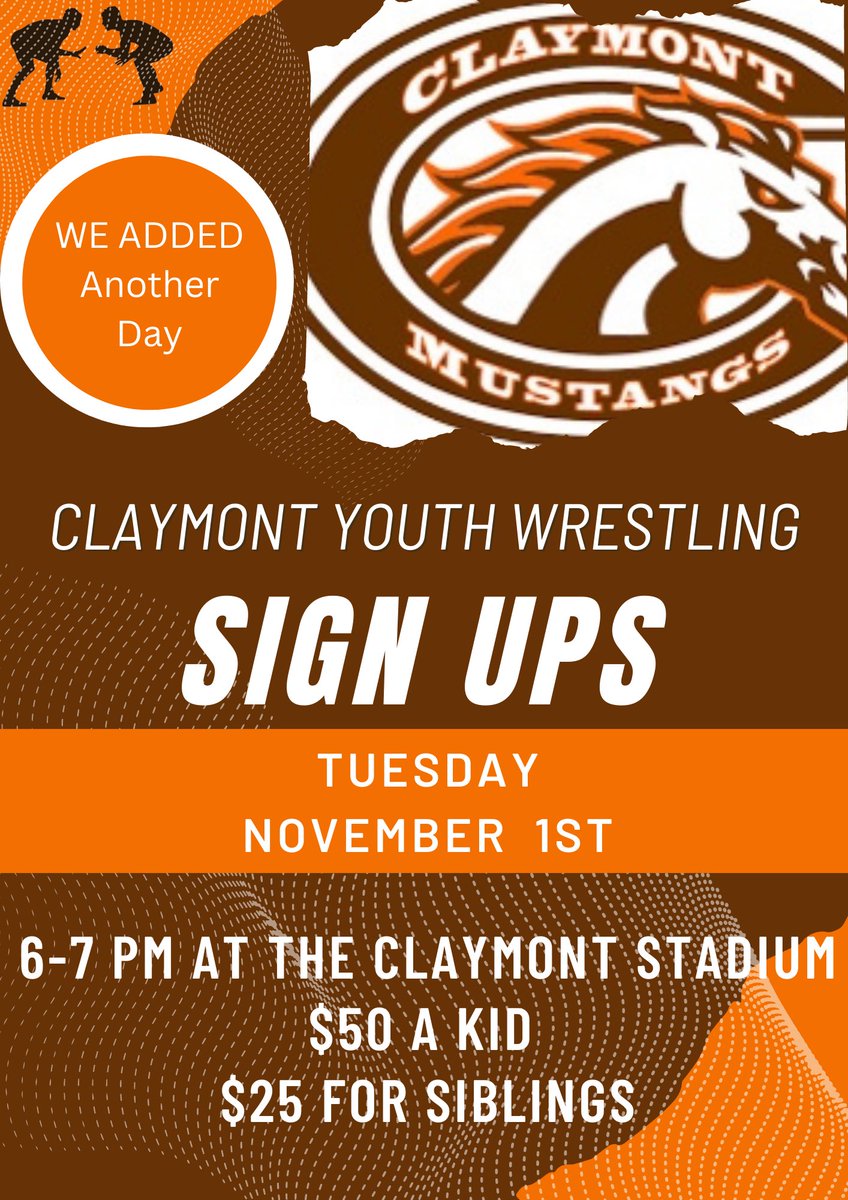 kclark_03's tweet photo. Reminder! Last day of Youth Wrestling Sign Ups are tomorrow November 1st from 6-7pm at the Claymont Stadium. 🐴🟠🤼🟤 https://t.co/FSFHVpbm9N