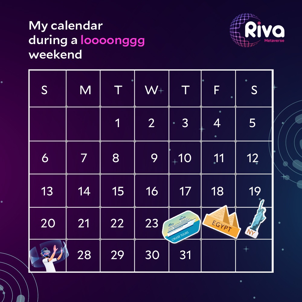 RivaMetaverse's tweet photo. My calendar during a loooonggg weekend....๐
โ๏ธ
#weekendvibes #weekendvibeson #vacation #weekend #rivametaverse https://t.co/Abn7J7WOdo