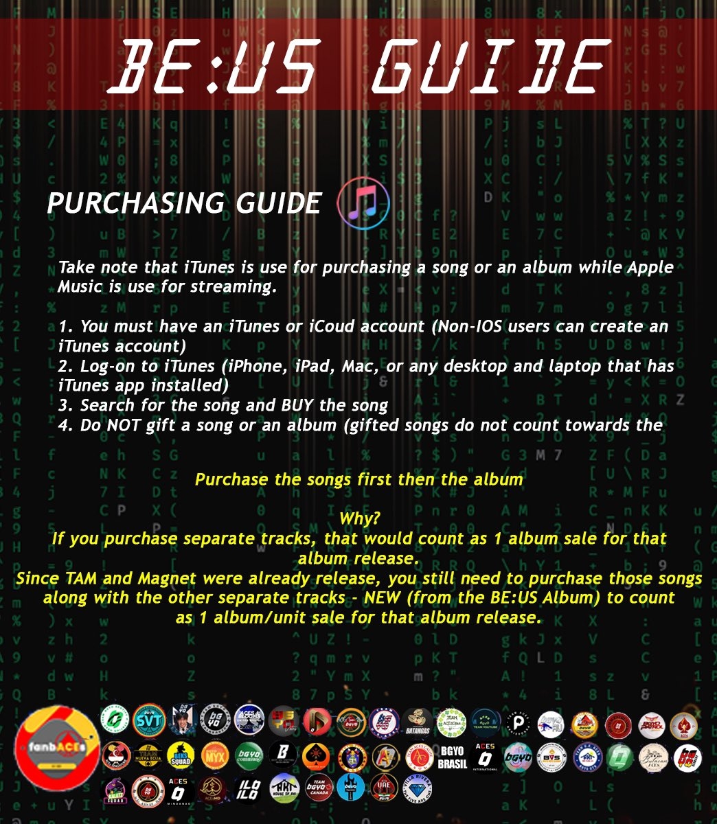 Hi ACEs, here’s a few tips when as we purchase the album on iTunes.

Stream and Purchase LEGALLY.

BEUS ALBUM TRAILER

#BGYO_BeUs
#BGYO <a href="/bgyo_ph/">BGYO_PH</a>