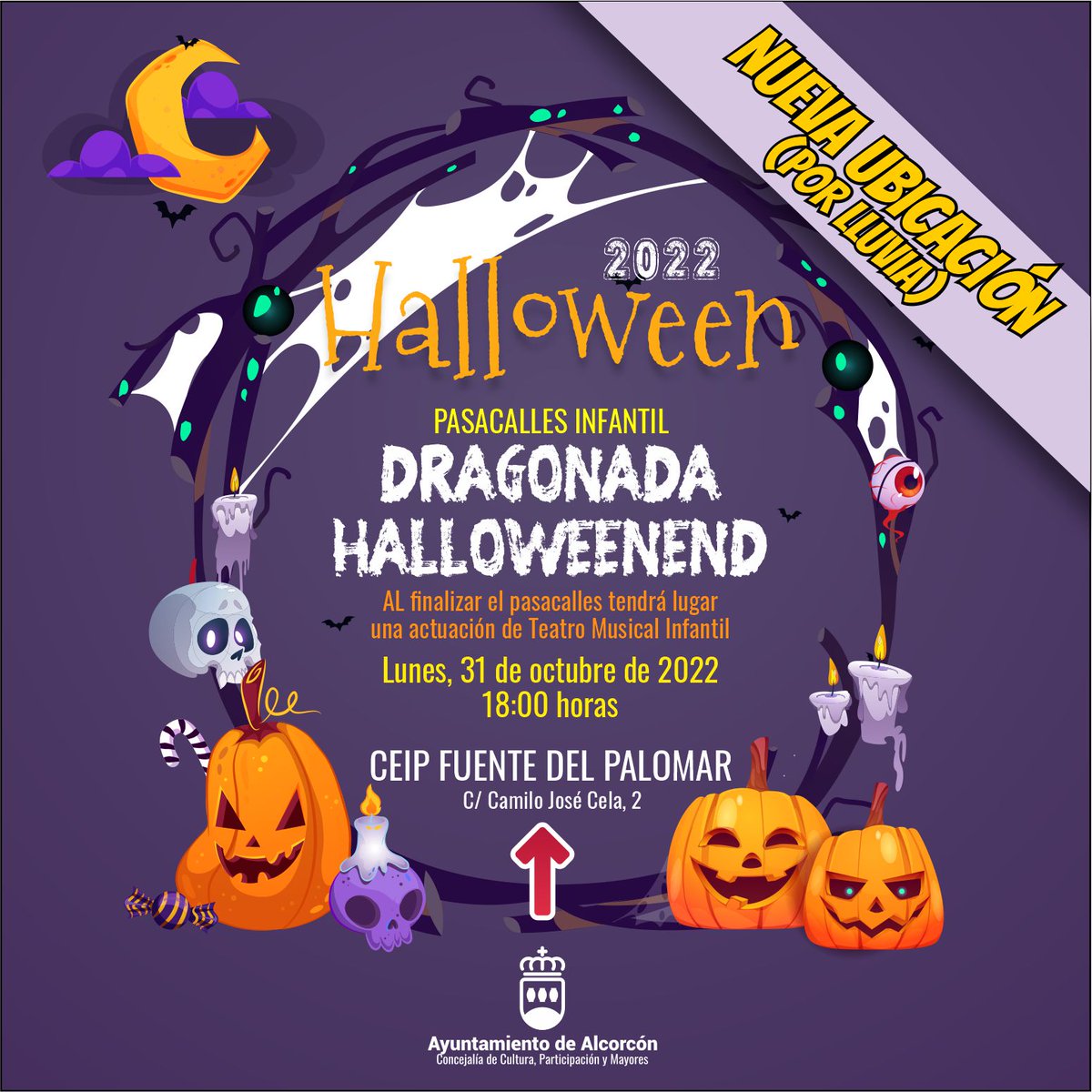 🎃#Alcorcón celebra #Halloween con una competa agenda de actividades para toda la familia en diversos barrios de la ciudad
‼️ Debido a las previsiones de lluvia, el pasacalles del #EnsancheSur se ha trasladado al CEIP Fuente del Palomar
#Halloween2022