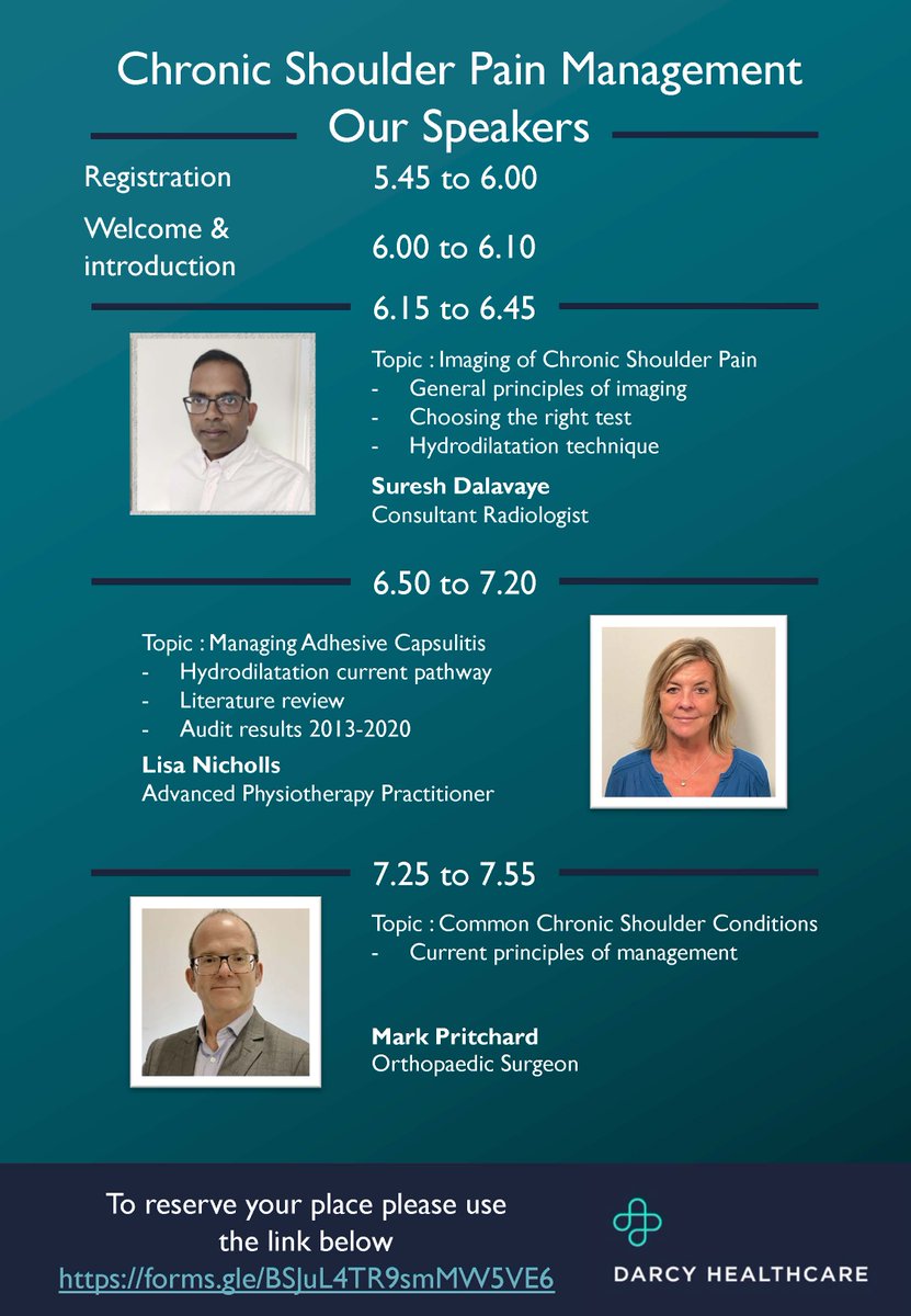 DarcyHealthcare's tweet photo. We are delighted to announce our first CME Event for healthcare practitioners wishing to learn more about 'Chronic Shoulder Pain Management'. With three fantastic speakers, it promises to be an insightful evening. To register follow this link https://t.co/NPpOFqNl53
#healthcare https://t.co/7PHas7Pj8n