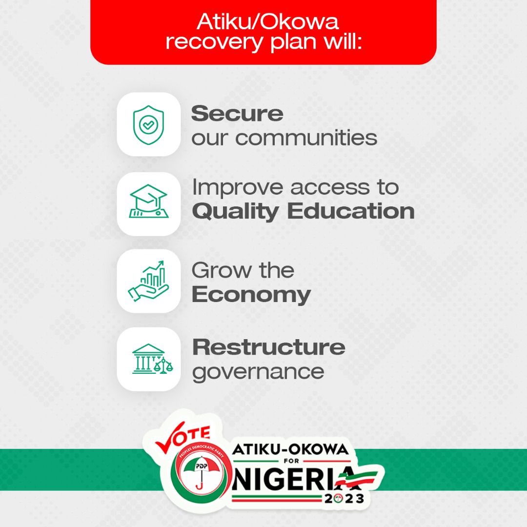 The @OfficialPDPNig manifesto covers all areas in fire need of attention, #AtikuOkowa2023 will lead Nigeria to the promise land.

#NationalRecoveryPlan https://t.co/1njIXNQ6HQ