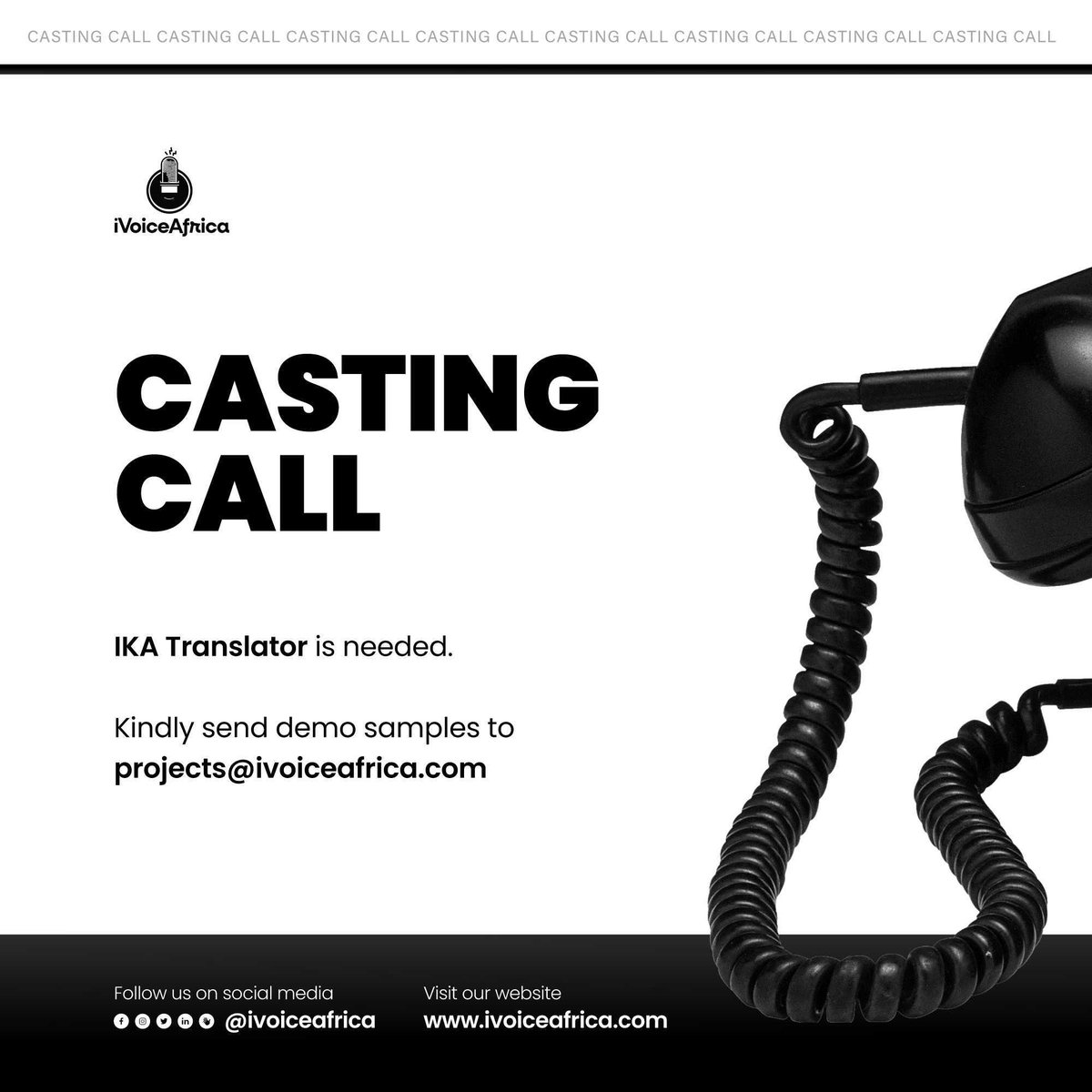 ivoiceafrica's tweet photo. Casting Call - IKA Translator.
#castingcall #voiceoverjobs #voiceoverneeded #ikatranslator #translator #translations https://t.co/gluNht9Omw
