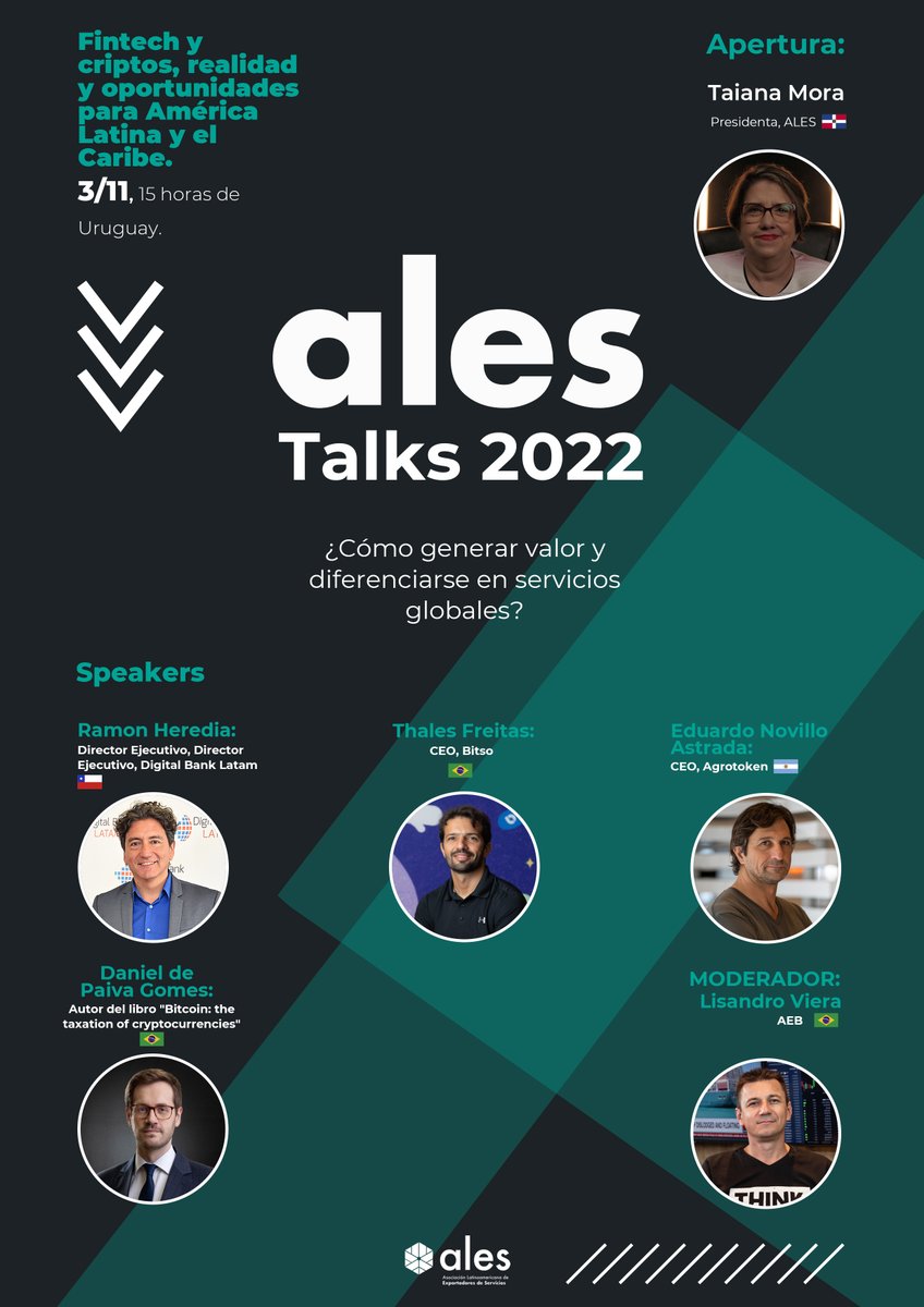 Esta semana comienza el ciclo anual de ALES Talks 2022! El primer evento es sobre: "Fintech y criptos, realidad y oportuniades para América Latina y el Caribe". Jueves 3/11 a las 15 horas de Montevideo. Paara registrate lnkd.in/dNR6wUj3