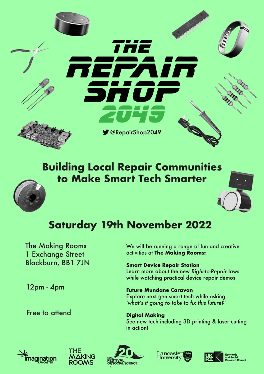 The Repair Shop 2049 (@repairshop2049) on Twitter photo Just under 3 weeks until the <a href="/RepairShop2049/">The Repair Shop 2049</a> event opens @TheMakingRooms in Blackburn as part of this year's <a href="/ESRC/">Economic and Social Research Council</a> #ESRCFestival <a href="/IAALancaster/">Lancaster Impact Acceleration</a>
<a href="/_MichaelStead/">Michael Stead</a> <a href="/T_Mac_P/">Tom Macpherson-Pope</a> @ProfTriviality <a href="/_MattPilling/">Matthew Pilling</a> <a href="/ImaginationLanc/">ImaginationLancaster</a> <a href="/LICAatLancaster/">LICA</a> Just under 3 weeks until the <a href="/RepairShop2049/">The Repair Shop 2049</a> event opens @TheMakingRooms in Blackburn as part of this year's <a href="/ESRC/">Economic and Social Research Council</a> #ESRCFestival <a href="/IAALancaster/">Lancaster Impact Acceleration</a>
<a href="/_MichaelStead/">Michael Stead</a> <a href="/T_Mac_P/">Tom Macpherson-Pope</a> @ProfTriviality <a href="/_MattPilling/">Matthew Pilling</a> <a href="/ImaginationLanc/">ImaginationLancaster</a> <a href="/LICAatLancaster/">LICA</a>