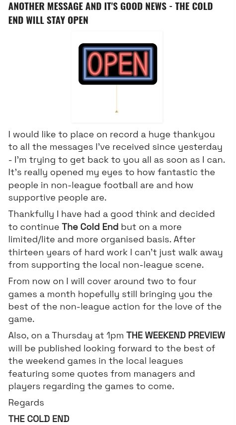 I'm absolutely blown away by the messages I've received regarding The Cold End.The local non-league community are fantastic! Much 😍 to everyone.

I'm going to continue but on a more lite/limited basis. 2-4 games filmed a month and also a WEEKEND PREVIEW published on a Thursday