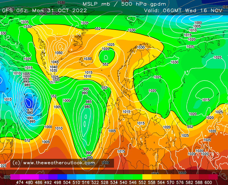 Interesting end to the GFS 06z which illustrates how a -NAO can lead to mild weather in the UK (difficult to say where it would go in the following days of course)