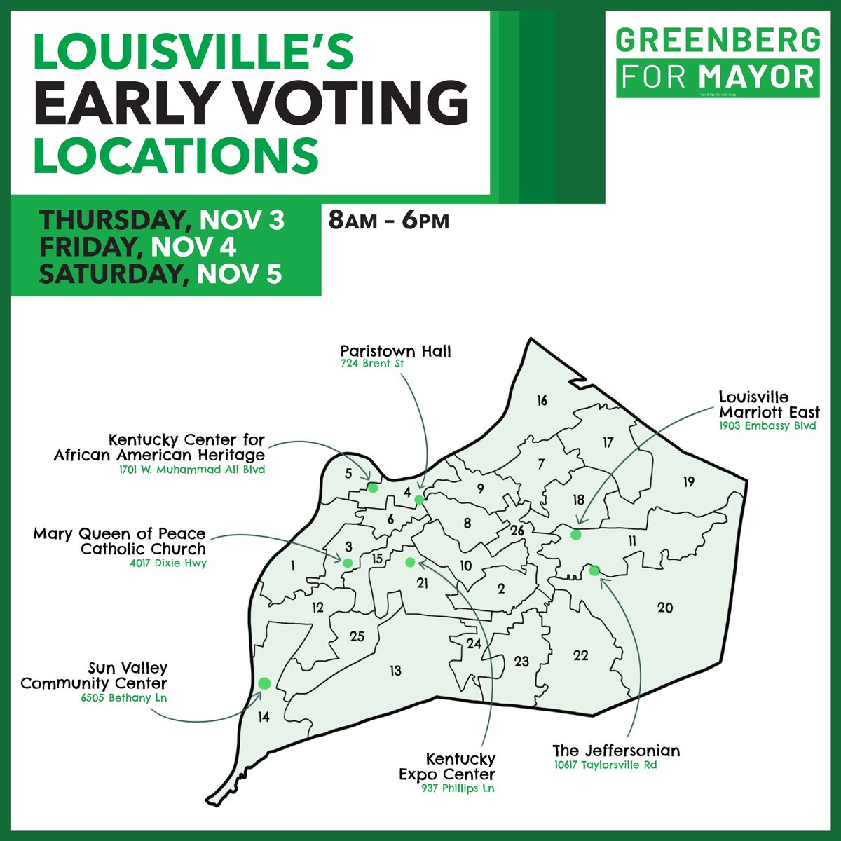 LouisvilleMayor's tweet photo. Early voting starts this Thursday! You can vote at any of these locations on Thursday, Friday, or Saturday. #RunWithCraig https://t.co/E64tMxE4TA