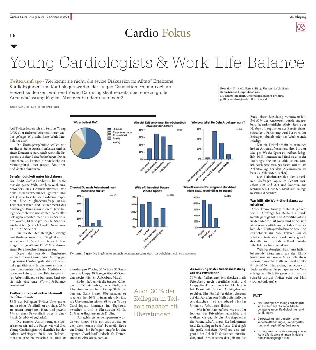 Wir haben über mehrere Wochen immer wieder Umfragen zu Eurer #WorkLifeBalance getweetet. In der #CardioNews könnt Ihr nachlesen, was dabei herausgekommen ist🤔 Danke fürs Teilen und Abstimmen! #CardioTwitter #MedTwitter @Kardiophil @Hannah_Billig_