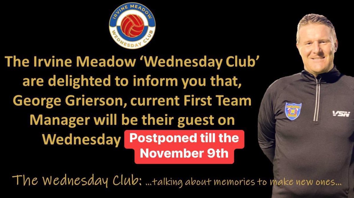 Medda1897's tweet photo. Change of plans this week for the Wednesday Club… other plans are being made. It will still go ahead as normal.
We all wish George a speedy recovery.
Wednesday Club: talking about memories to make new ones
🔵 #wednesdaysclub
⚪️ #irvinemeadowXI
🔵 #memoriesbox
⚪️ #monthedow https://t.co/vw7uhwFfEI