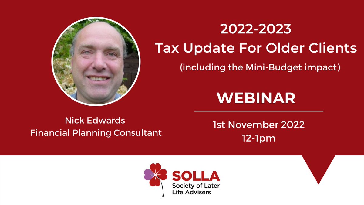 SOLLAadvice's tweet photo. Would you like to identify and understand opportunities for your older clients during the 2022-23 tax year? Sign up for tomorrow's webinar here; https://t.co/xevu5uLHeo
#theSOLLAdifference #LLLAS #LaterLifeAdvice https://t.co/cXONqxjPbp