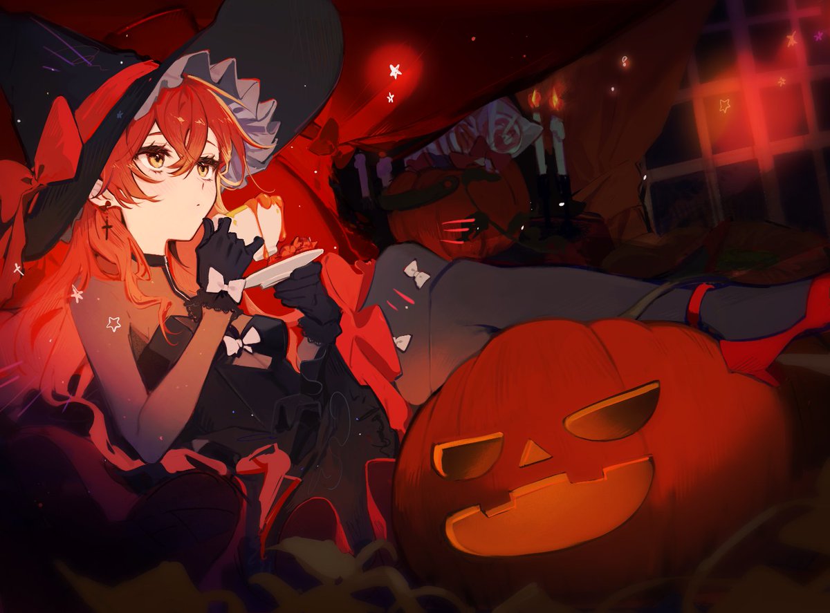 witch hat hat 1girl dress red hair solo long hair  illustration images