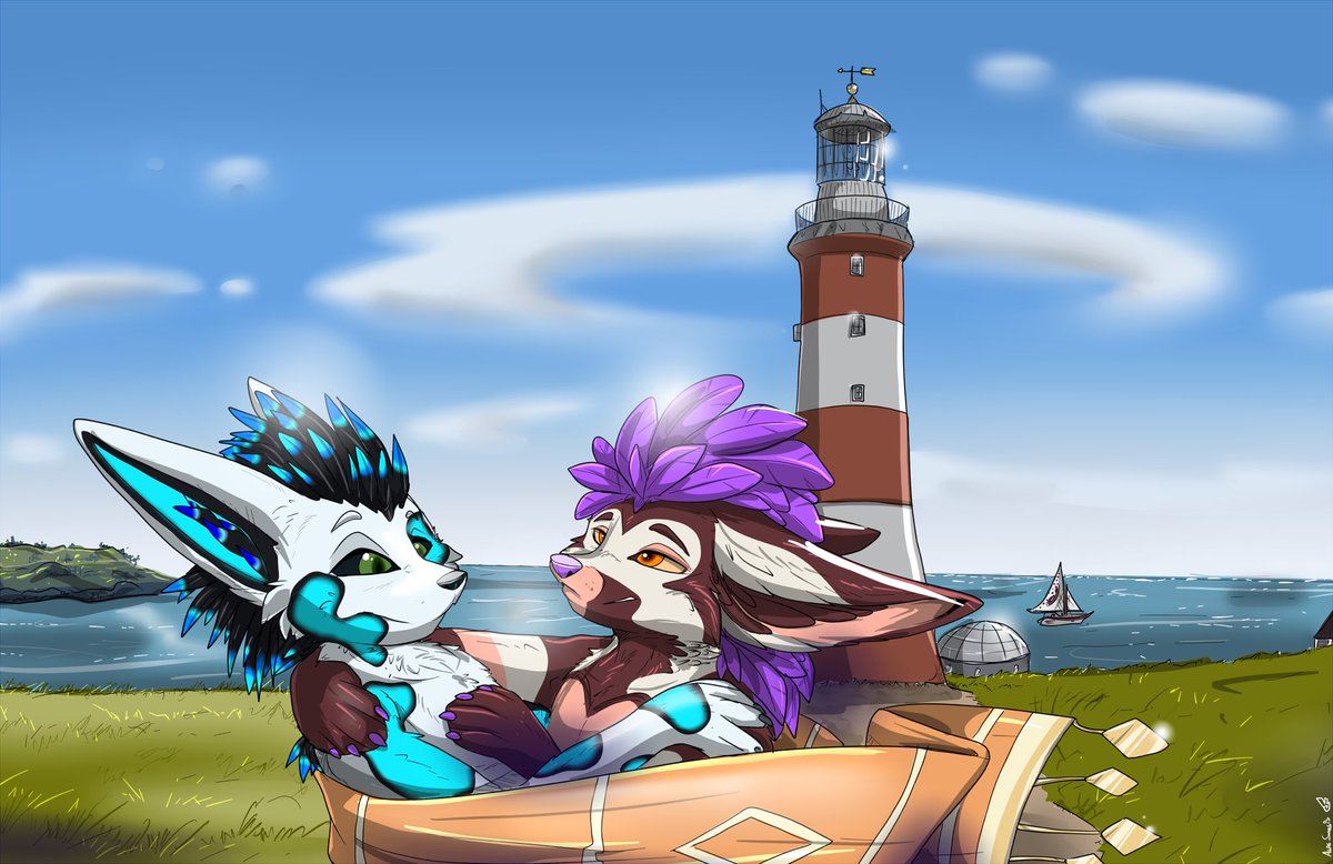 Here’s the piece I commissioned <a href="/Alps_Sarsis/">Alps Sarsis</a> for mine and <a href="/hd_jacquline/">HDJacqueline</a>’s anniversary.  The background is based on an IRL location not far from where I live.  I hope to recreate this picture IRL very soon.  If you can name the lighthouse you get a cookie! 🍪. I really love this!