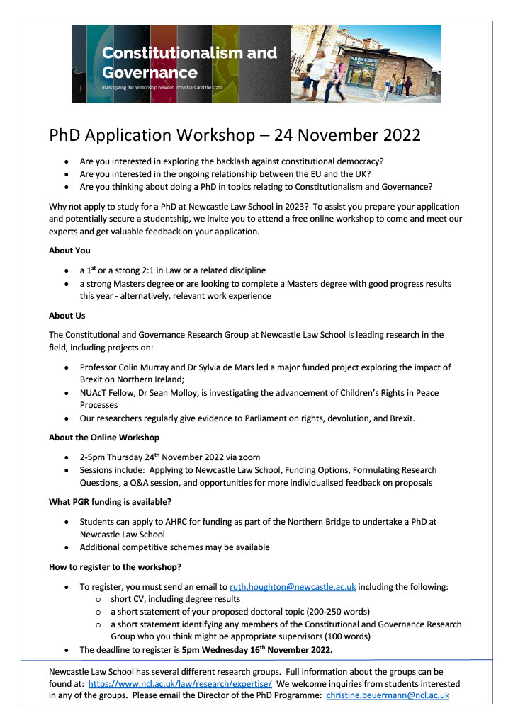 Dr Ruth Houghton (@ruth_houghton) on Twitter photo Are you interested in doing a PhD? Join our Application Workshop with <a href="/ncl_congov/">Constitutionalism and Governance</a> <a href="/NCLLawSchool/">Newcastle Law School is leaving X</a> on 24 November. Register by emailing me, deadline 16 November Are you interested in doing a PhD? Join our Application Workshop with <a href="/ncl_congov/">Constitutionalism and Governance</a> <a href="/NCLLawSchool/">Newcastle Law School is leaving X</a> on 24 November. Register by emailing me, deadline 16 November