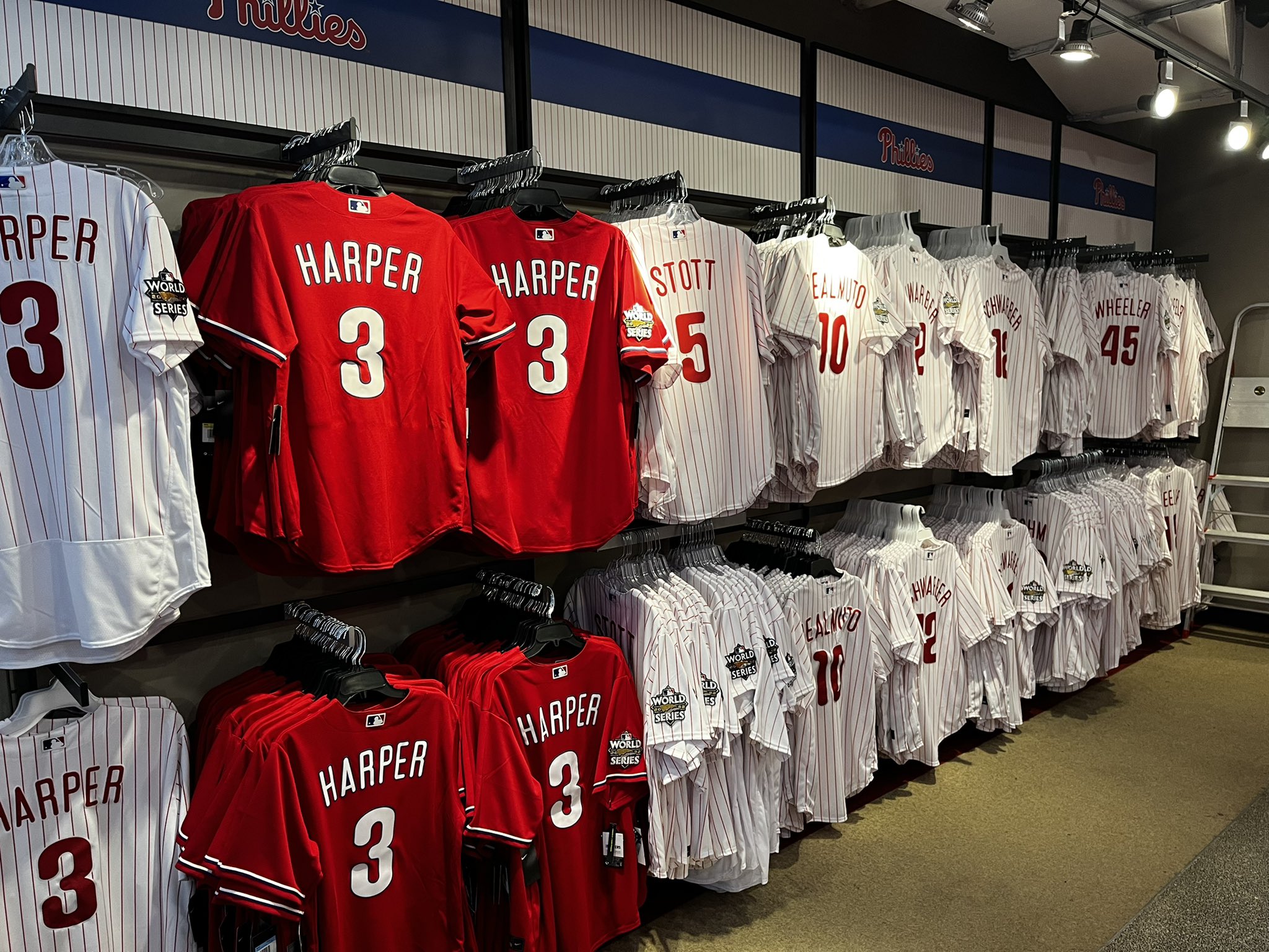 New Era Phillies Team Store on X: Going to post a few updates based on  popular questions! Checkout our WS side patch jerseys! Home replica ($200),  we now have red Harper and