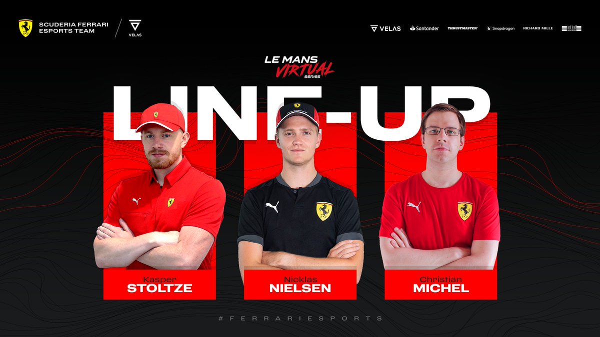 FerrariEsports's tweet photo. The team is READY 🔥
@KasperStoltze, @nr_christianm and @_Nicklasnielsen will take part in the third race of the @LeMansVirtual   

#FerrariEsports #LeMansVirtual #FerrariRaces https://t.co/qLlU33Yd0B