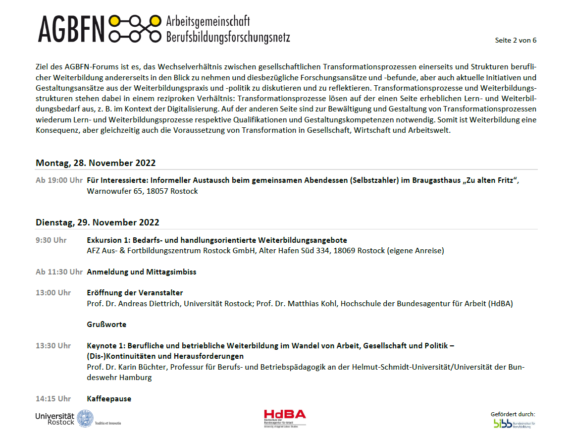 M__Kohl's tweet photo. Am 29./30. November 2022 richten die #HdBA und @unirostock das #AGBFN Forum "Strukturen beruflicher Weiterbildung - zwischen 'New Work', demografischem Wandel und sozioökologischer Transformation" aus. Anmeldung & Infos unter https://t.co/cSi2dY0B2B #Weiterbildung https://t.co/onKEMNgKMM