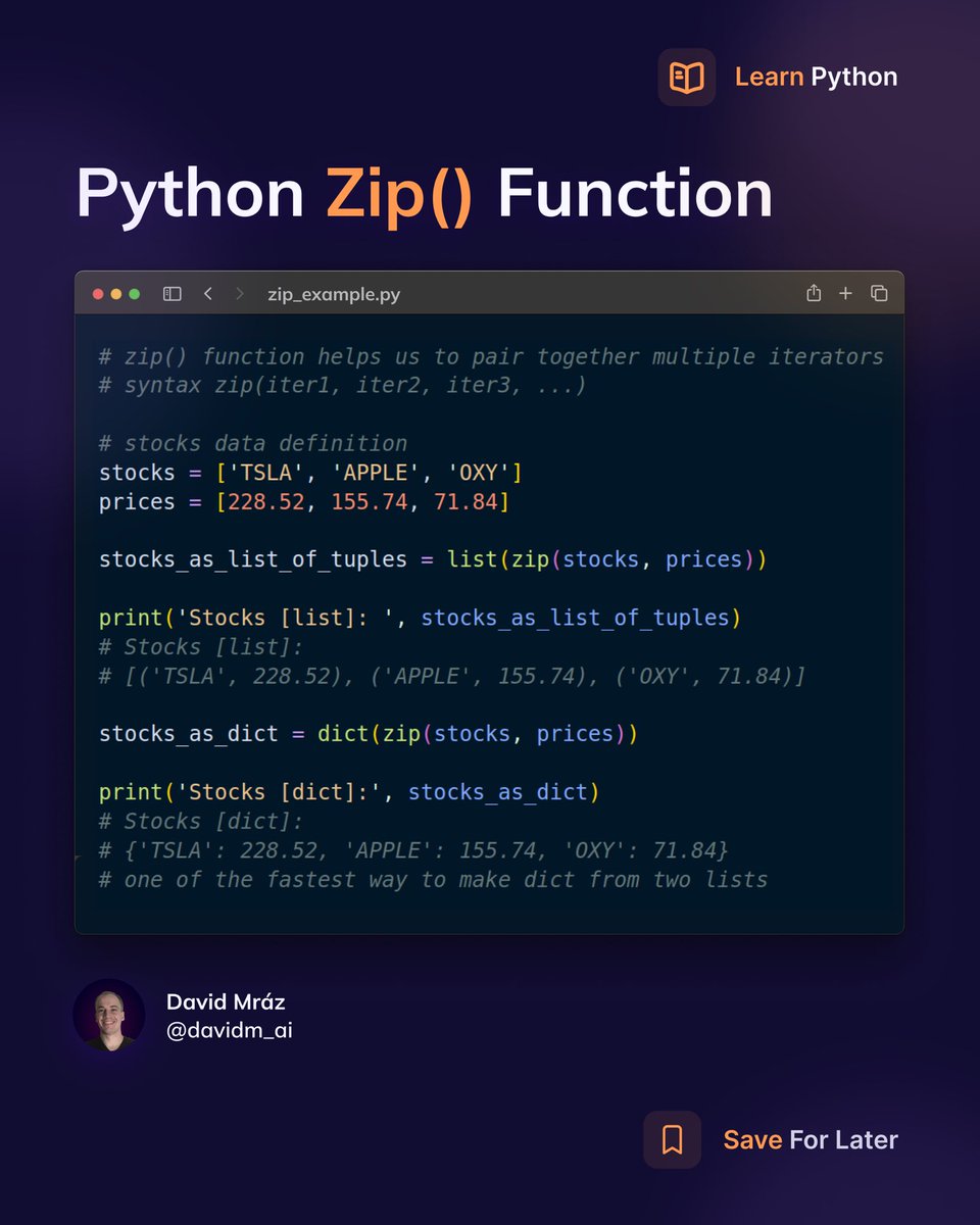 davidm_ml's tweet photo. Python zip() function is awesome help for data processing. It helps us to pair together multiple iterators 🚀 

Check the examples below on how to use it 👨‍💻

#pythonprogramming #developer #webdev #DataScience #ml https://t.co/LsoeaLsT2m