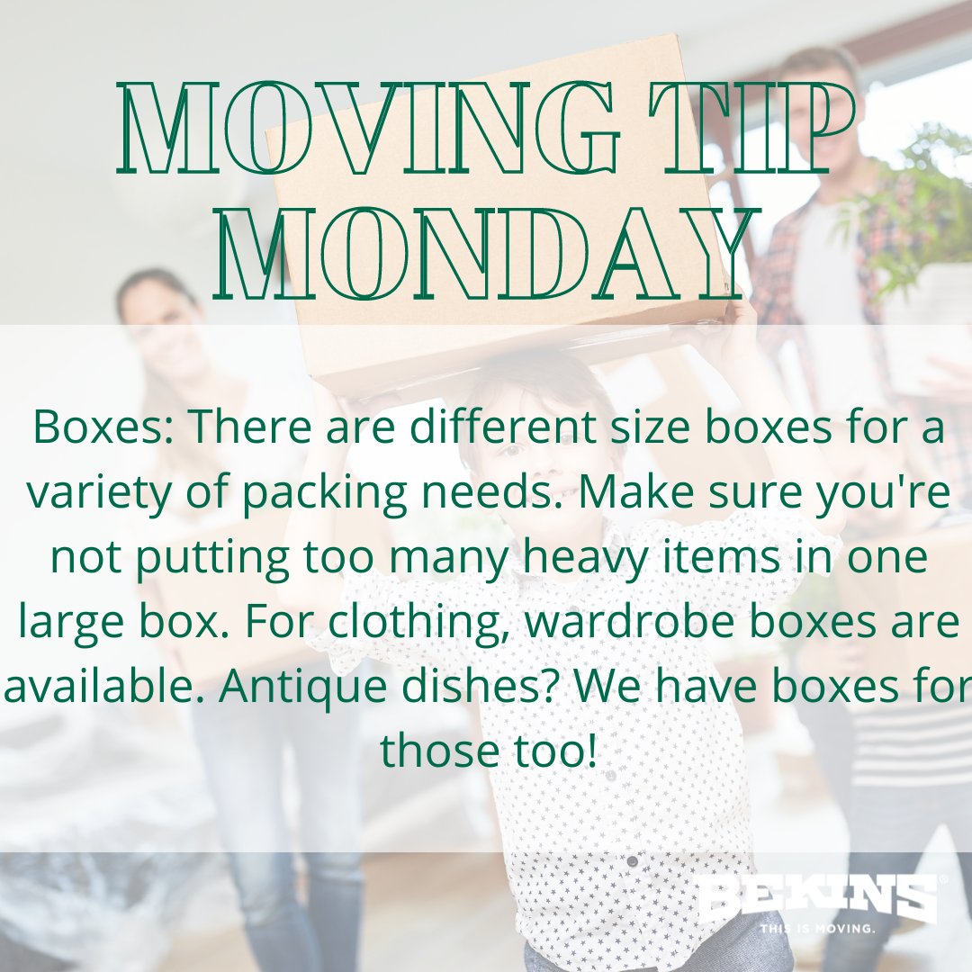 BekinsVanLines's tweet photo. Happy #MovingTipMonday! This week's tip is on boxes. There are different sizes for your variety of belongings. Be sure to use the correct box to make your move easier! https://t.co/1dnwPWaH3R