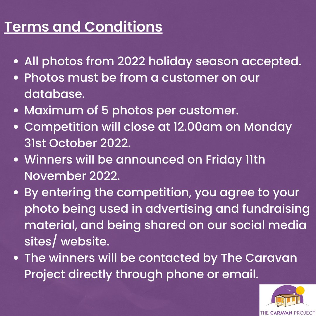 CaravanProject's tweet image. 📣LAST DAY OF THE PHOTO COMPETITION📣
Entries close at midnight tonight (Monday 31st October)

2022 Customers can send up to 5 photos from their holiday  to office@caravanproject for the chance to win a free summer holiday in 2023.  

(terms and conditions in the second photo.)