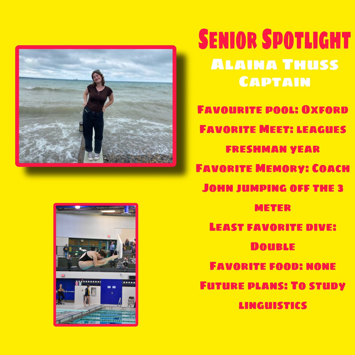First Senior Spotlight of the week! Captain Alaina Thuss. Alaina is a diver and has been on the team 4 years.