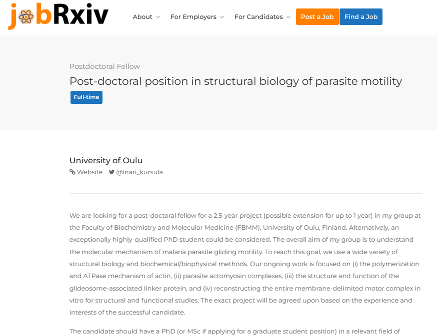 Post-doctoral position in structural biology of parasite motility with @inari_kursula 

Join our team at #UniOulu working on structural biology of malaria parasite motility! 

University of Oulu, Finland

jobrxiv.org/job/university… 

#ScienceJobs <a href="/UniOulu/">University of Oulu</a> #malaria #structuralbiology
