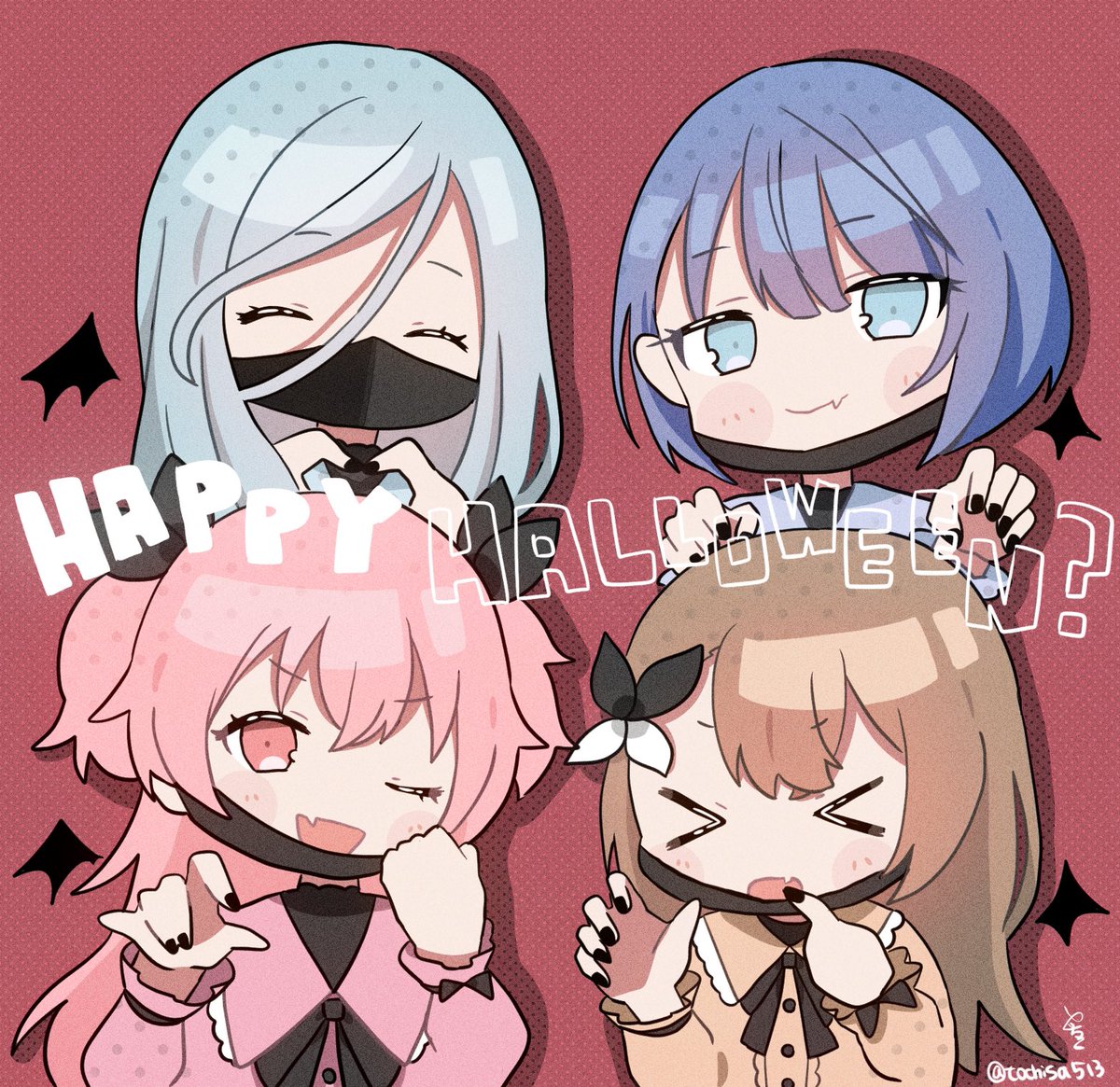 blue hair multiple girls black mask mask one eye closed mouth mask pink hair  illustration images