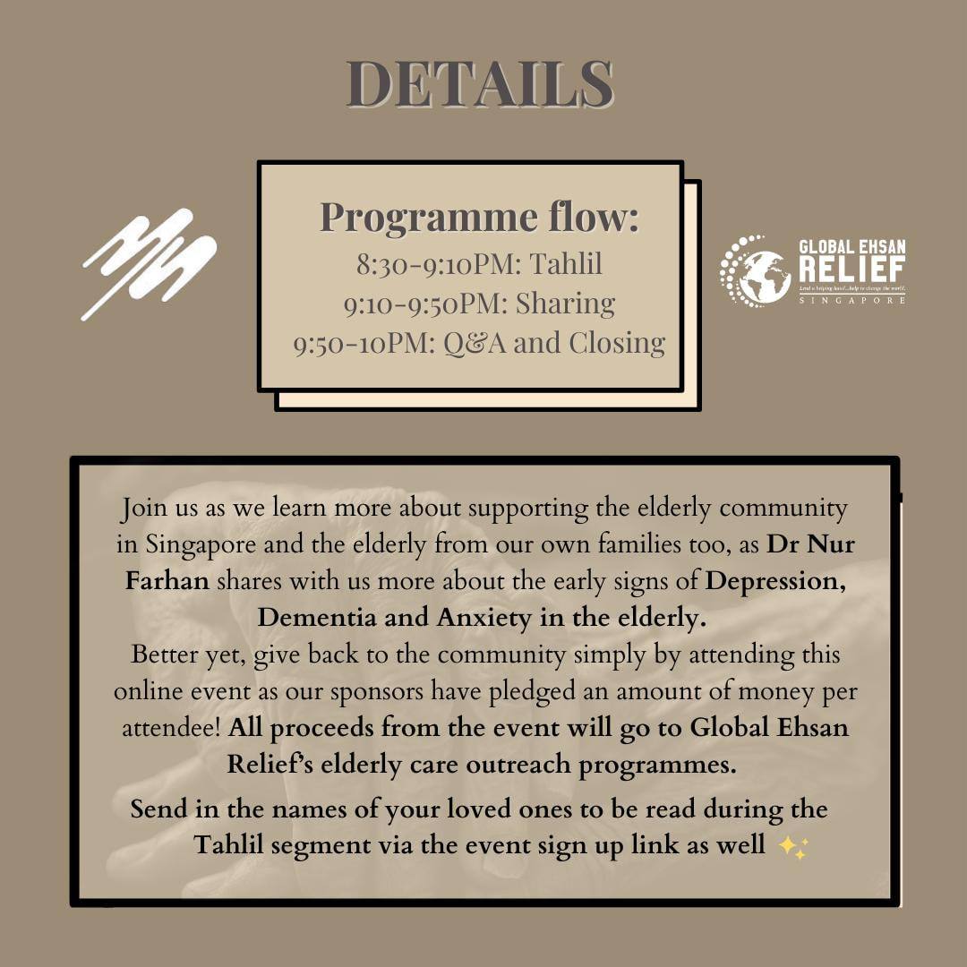 nusms's tweet photo. Salam everyone and happy weekend! 🌻 NUS MS will be having the first session of our Ihsan Series on elderly mental health and its early signs. More details on the session can be found in the poster! ☺

Sign up now at: https://t.co/sZ0rtpthnP https://t.co/xd4QT2TjnQ