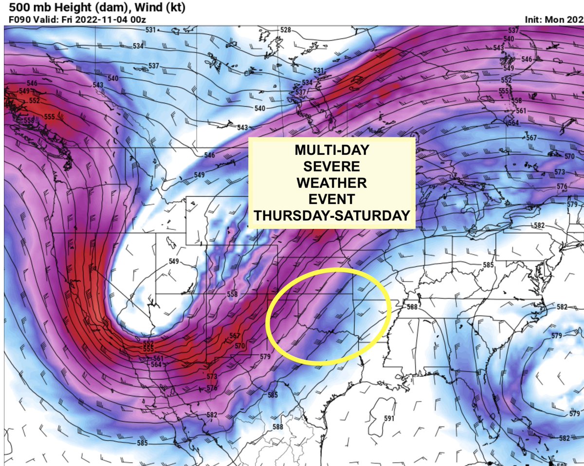 MONSTER TROUGH EJECTION is forecast to happen at the end of this week with a multi-day period of significant severe weather possible Thursday-Saturday across the southern Plains. Severe weather in the warm sector a certainty with a trough of this significance.