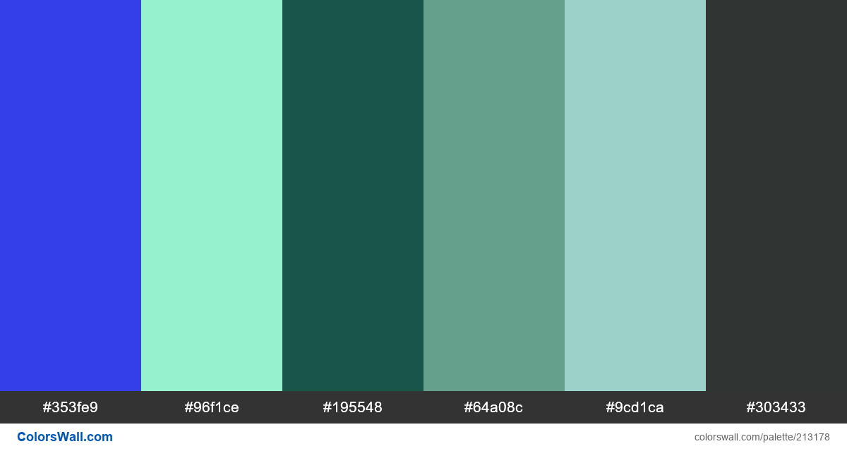 colorswall's tweet image. Blue app design identity colors #353fe9, #96f1ce, #195548, #64a08c, #9cd1ca, #303433 #colors #palette colorswall.com/palette/213178