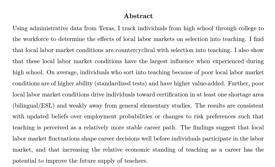 jenniferdoleac's tweet photo. Christa Deneault

JMP: "Local Labor Markets and Selection into the Teaching Profession"

Website: https://t.co/EQGLhTSQb2 https://t.co/zFd3k76ihB