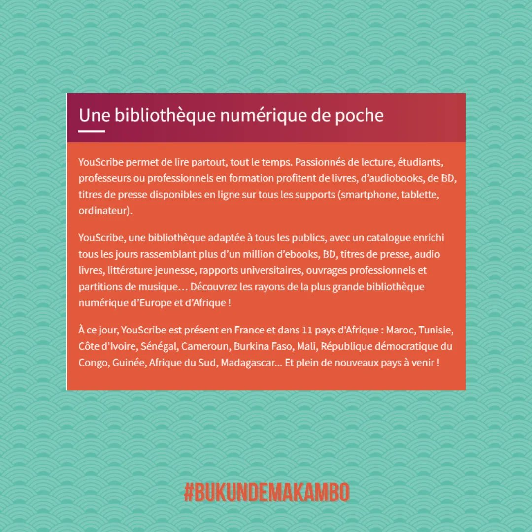 Concours pour gagner un code d'accès et participer au challenge de lecture du mois de Novembre.

☑️Être abonné à mon compte et celui de @YouScribe_YS
☑️Commenter ce post en écrivant #BukuNdeMakambo 
☑️Le commentaire avec le plus de retweete gagne le code. 

 Fin à 19h