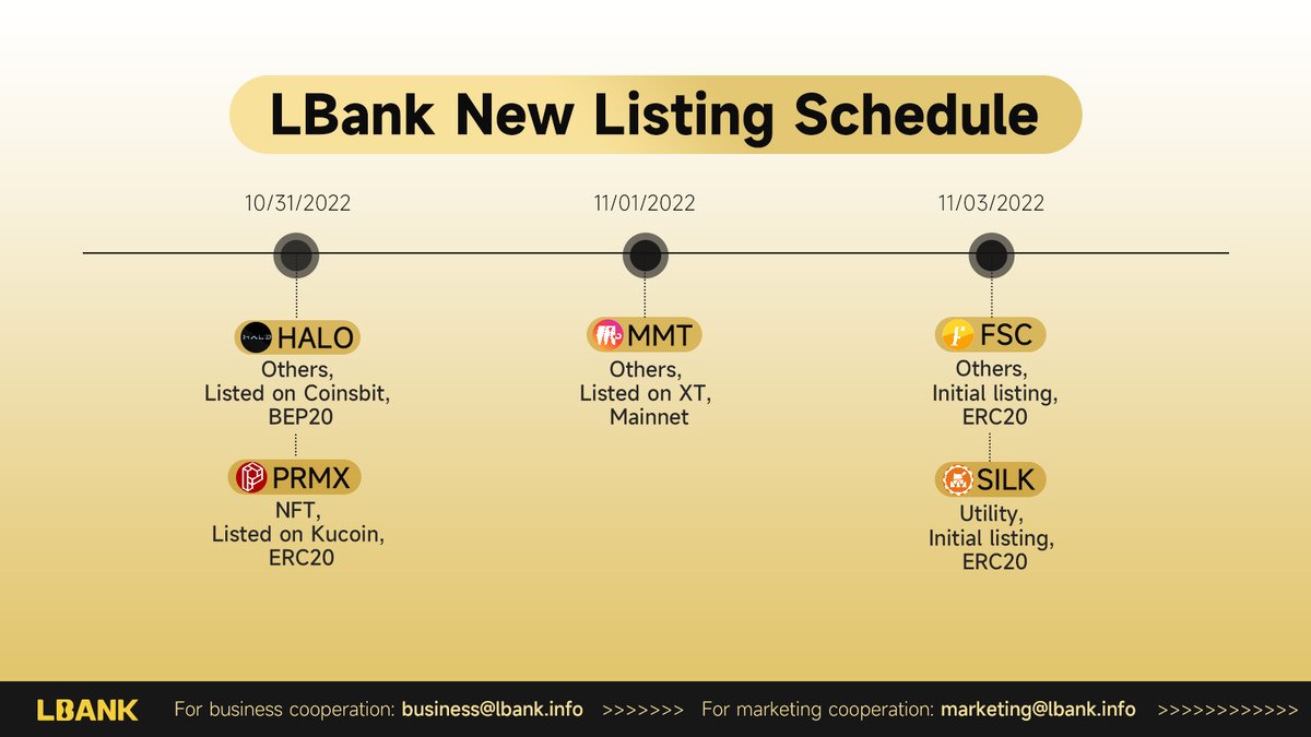 Check out #LBank New Listing Schedule!🥳

Anything you're interested in? 

Tell us in the comments below!👇👇 

$HALO $PRMX $MMT $FSC $SILK