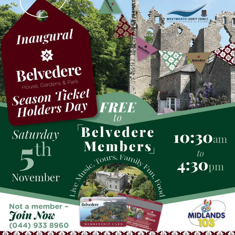 Season Ticket Holder Day at #Belvedere, Sat Nov 5th next, from 10.30am-4.30pm. The band First Day Lions will perform live as part of a @Midlands103 Roadshow. Not a member? Join now, on 044 9338960 #Mullingar #appreciationday #DayOut #familyfun