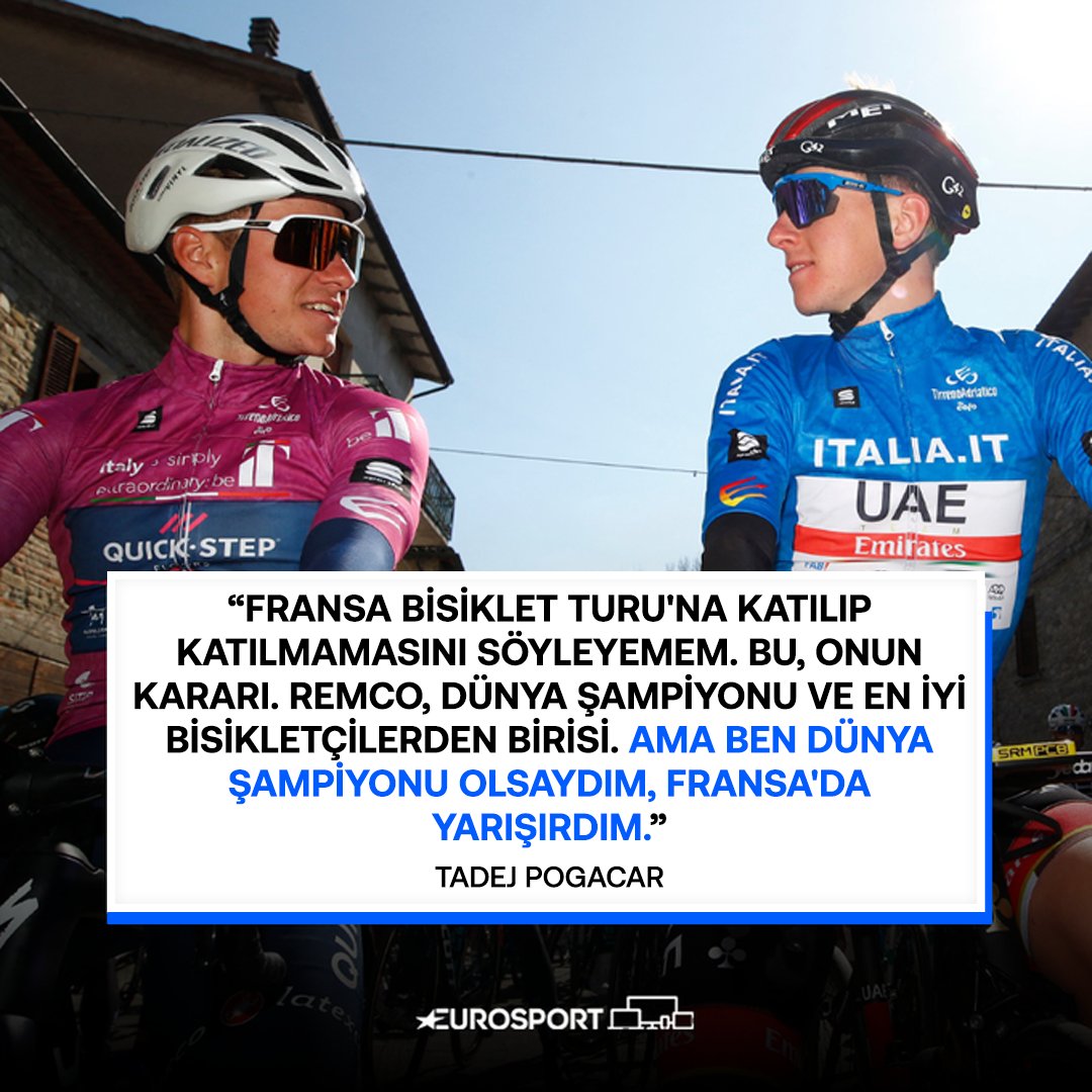 🗣Tadej Pogacar, İtalya Bisiklet Turu'nda yarışacağı için Fransa Bisiklet Turu'nun 110. edisyonuna katılmayacağını açıklayan Remco Evenepoel hakkında konuştu.